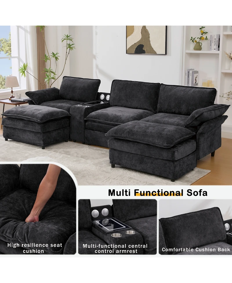 Streamdale Furniture Streamdale U-Shaped Sectional Sofa w/ Storage, Wireless Charging, Bluetooth & Footstools