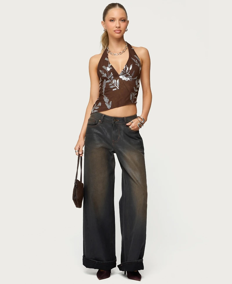 Edikted Women's Sequin Asymmetric Mesh Halter Top