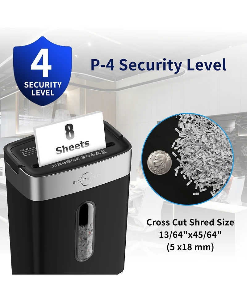 Bonsaii Bonsen 8-Sheet Crosscut Shredder, P-4 Security, Shreds Paper/Credit Cards, 4Gal Bin, Compact for Home Office Use