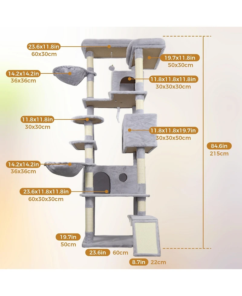 Zeus & Ruta 84.6 Light Gray Cat Tree Wide Base 3 Condos 11 Sisal Posts Ladder 2 Hammocks Interactive Toy