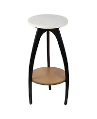 Jonathan Y Ollie 24.5" Designer Farmhouse Metal Tripod Drink Table and Decorative End Table with White Marble Round Top and Wood Undershelf