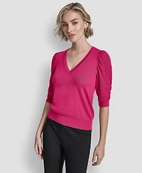 Dkny Women's Puff-Sleeve V-Neck Sweater