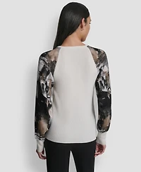 Dkny Women's Printed Organza-Sleeve V-Neck Shirt