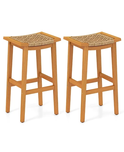 Gymax Outdoor Acacia Wood Bar Stools Set of w/ Pe Rattan Seats & Backrests