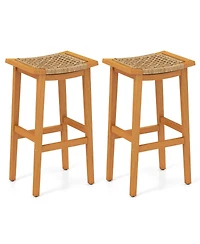 Gymax Outdoor Acacia Wood Bar Stools Set of w/ Pe Rattan Seats & Backrests