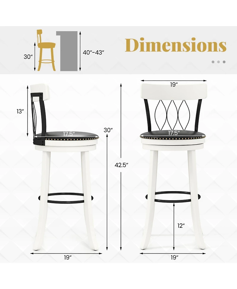 Gymax 29'' Set of Bar Stools w/ Footrest Rubber Wood Frame & Tufted Rivets