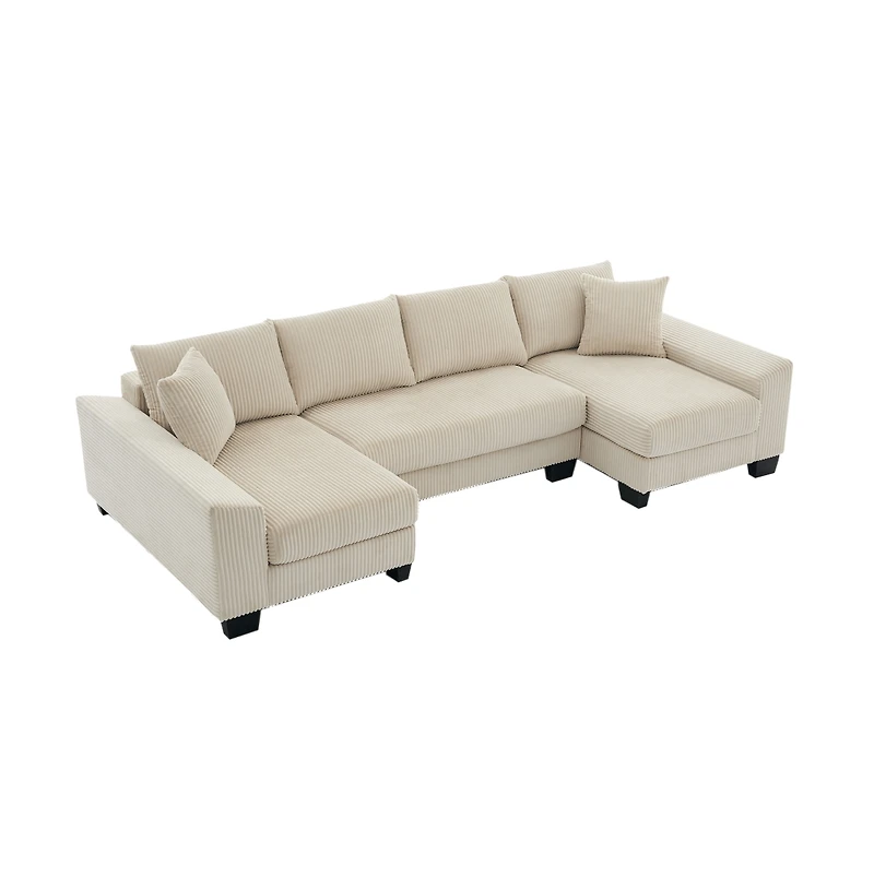 Maison Boucle 114" U-Shaped Corduroy Upholstery Pull-Out Sleeper Bed, Oversized Convertible Sectional, Chaise Lounges, Pillows & Cushions Sofa Be