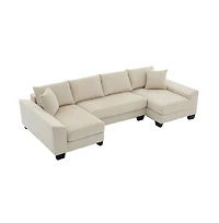 Maison Boucle 114" U-Shaped Corduroy Upholstery Pull-Out Sleeper Bed, Oversized Convertible Sectional, Chaise Lounges, Pillows & Cushions Sofa Be