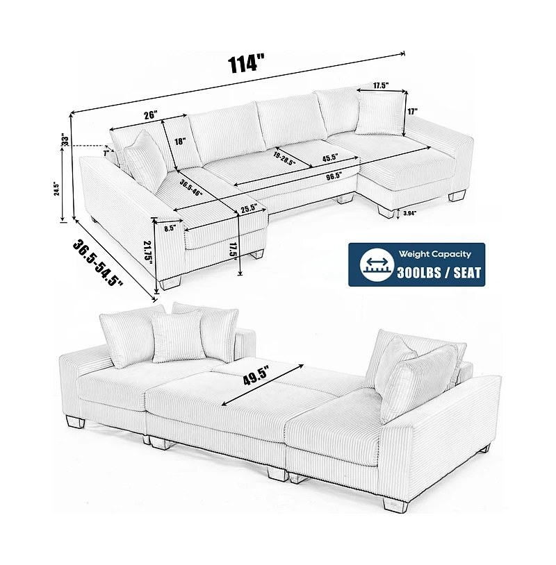 Maison Boucle 114" U-Shaped Corduroy Upholstery Pull-Out Sleeper Bed, Oversized Convertible Sectional, Chaise Lounges, Pillows & Cushions Sofa Bed
