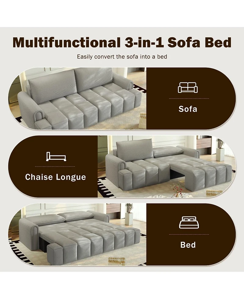 Maison Boucle Modern 4-Seat Teddy Fabric Sleeper Sofa with Storage, 90" Pull-Out Couch Bed, King Size Convertible for Living Room