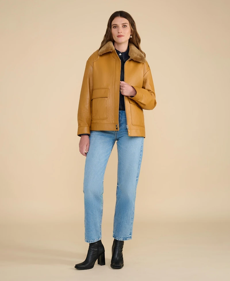 Furniq Uk Women's Leather Jacket with Detachable Shearling Collar