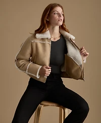 Furniq Uk Women's Cropped Suede Shearling Jacket