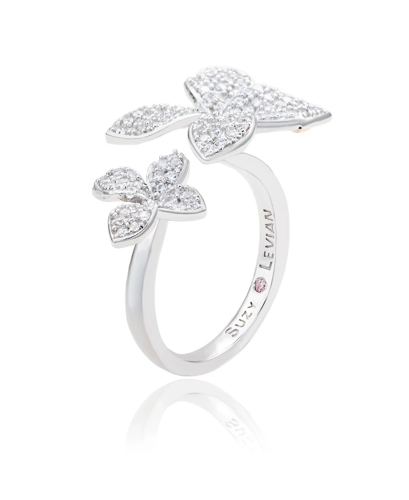 Suzy Levian Sterling Silver Cubic Zirconia Between The Finger Double Flower Ring