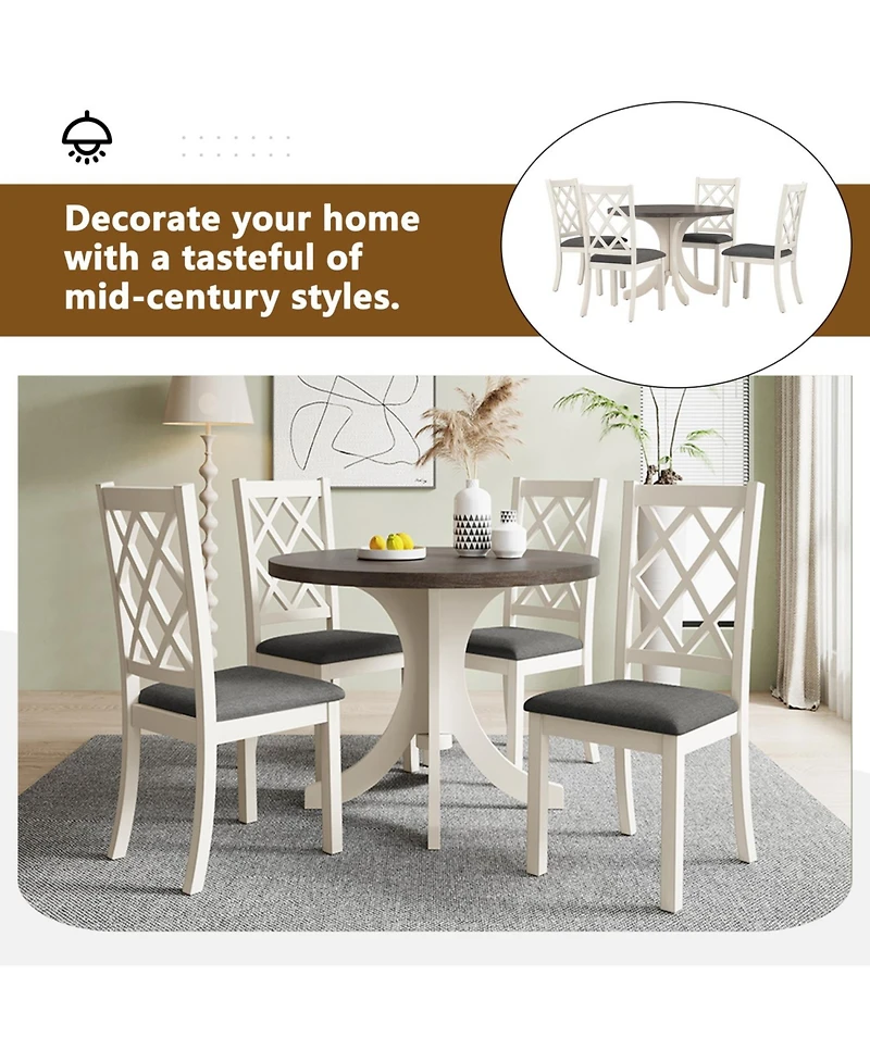 Streamdale Furniture Mid-Century 5-Piece Round Dining Set Walnut Table & Chairs