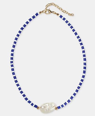 On 34th Gold-Tone Blue Bead & Imitation Pearl Collar Necklace, 16" + 2" extender, Macy's Exclusive