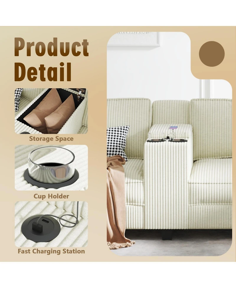 Streamdale Furniture L-Shaped Corduroy Sofa w/ Storage Usb & Console