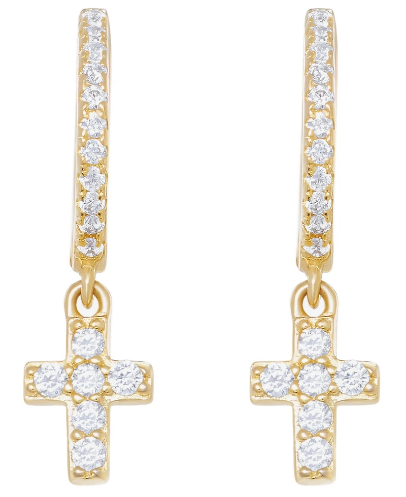 Macy's Cubic Zirconia Religious Cross Charm Dangle Huggie Hoop Earrings