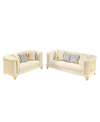 Streamdale Velvet Sofa Set: Gold Trim, Embroidered, Mid-Century Modern, Beige