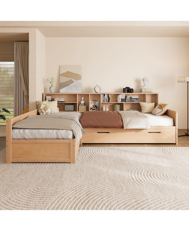 Streamdale Furniture Twin L-Shaped Daybed with Trundle, Storage & Bookcases - Natural