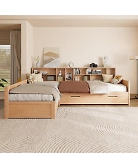 Streamdale Furniture Twin L-Shaped Daybed with Trundle, Storage & Bookcases - Natural