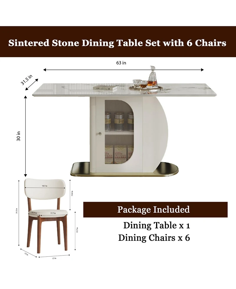 Streamdale Furniture 63" Modern Dining Table Set, Burnt Stone Top, Gold Base, 6