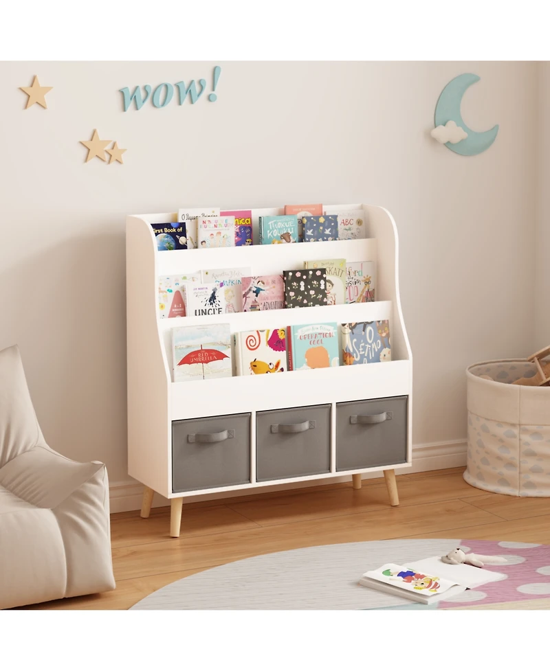 Streamdale Kids Bookshelf with 3 Fabric Bins White Wooden Book Organizer