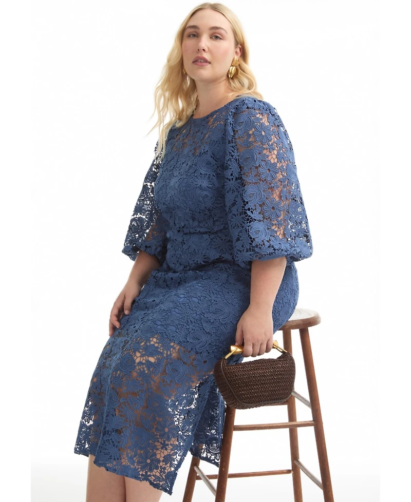 June & Vie Women's + Puff Sleeve Lace Midi Dress
