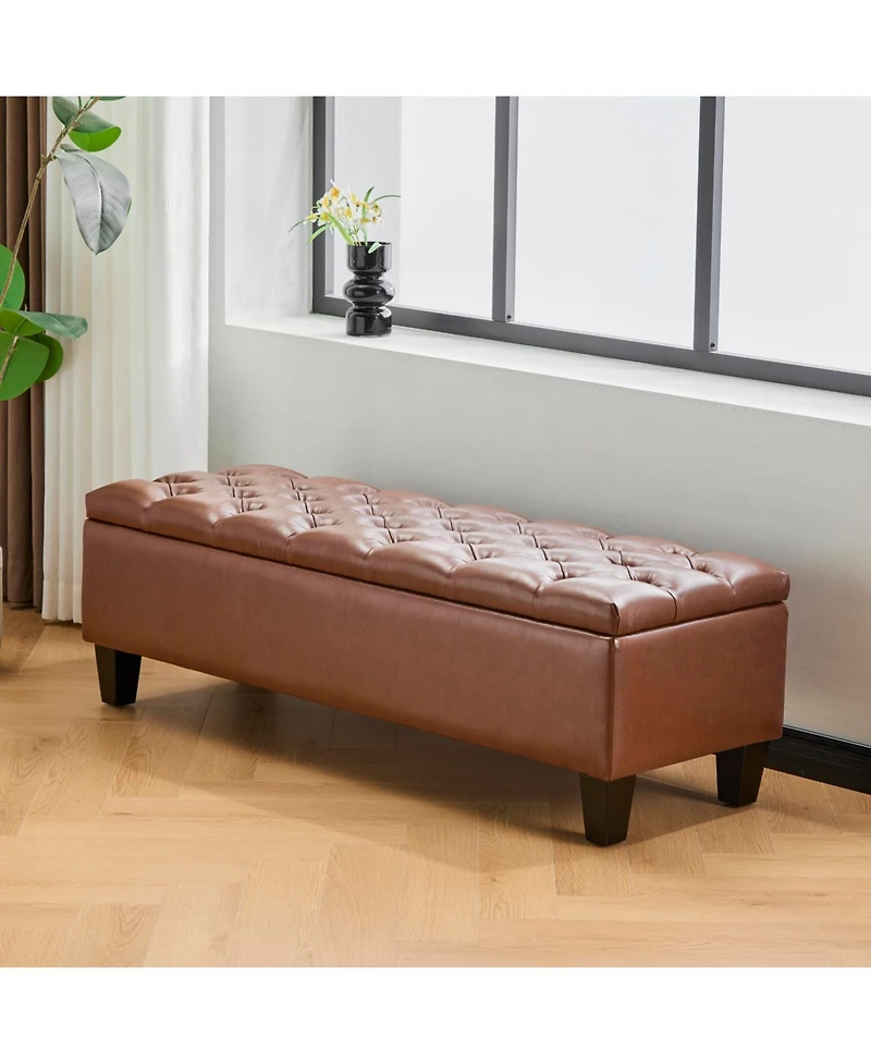 Streamdale Furniture Ottoman Bench with Storage, Brown Pu Surface, Rubber Wood Legs, 300 lbs Capacity