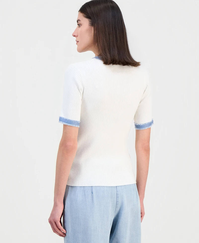 T Tahari Women's Denim-Trim Ribbed Short-Sleeve Top