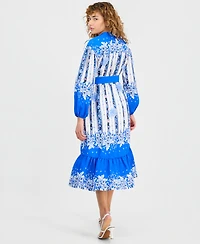 T Tahari Women's Floral Belted Half-Placket Dress