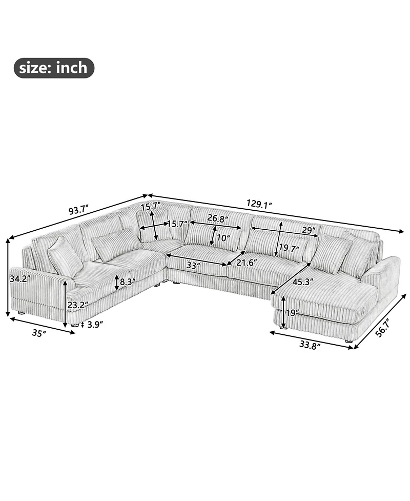 Streamdale 129" U-Shaped Sectional Sofa Corduroy with Chaise