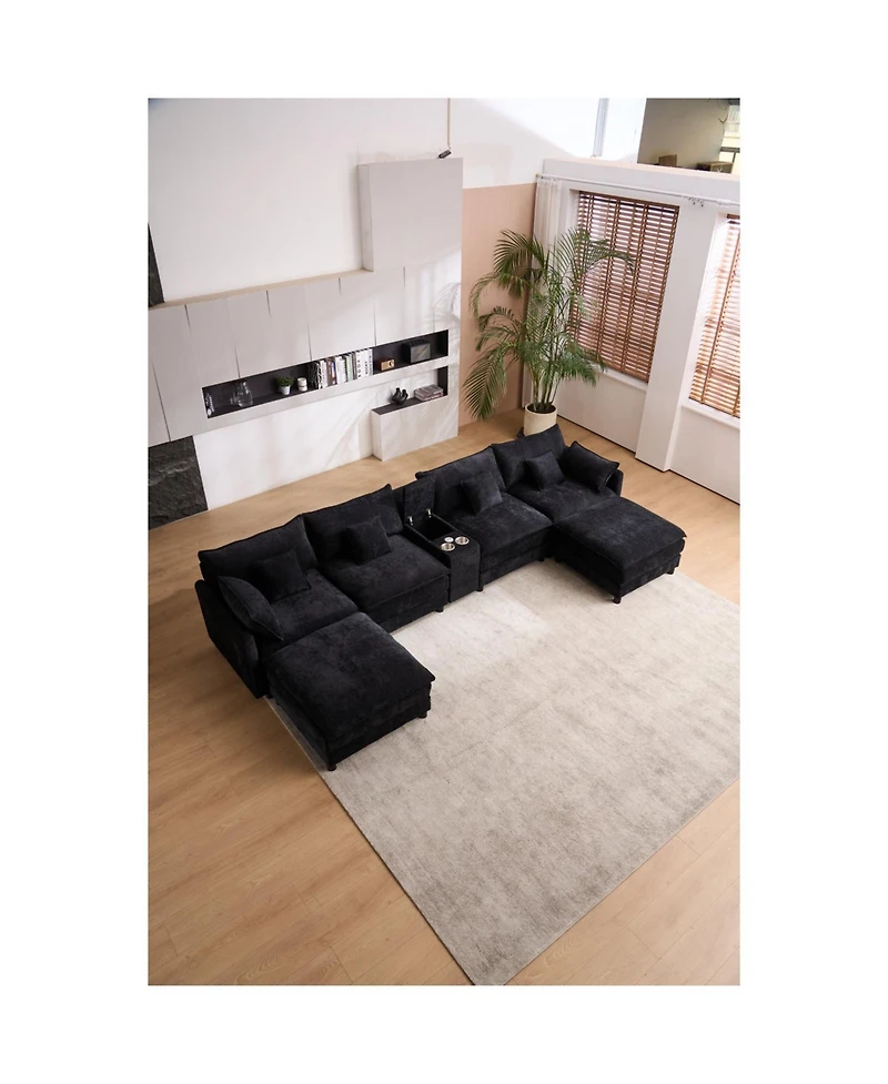 Streamdale Furniture U-Shaped Chenille Sectional Sofa with Coffee Table (White)