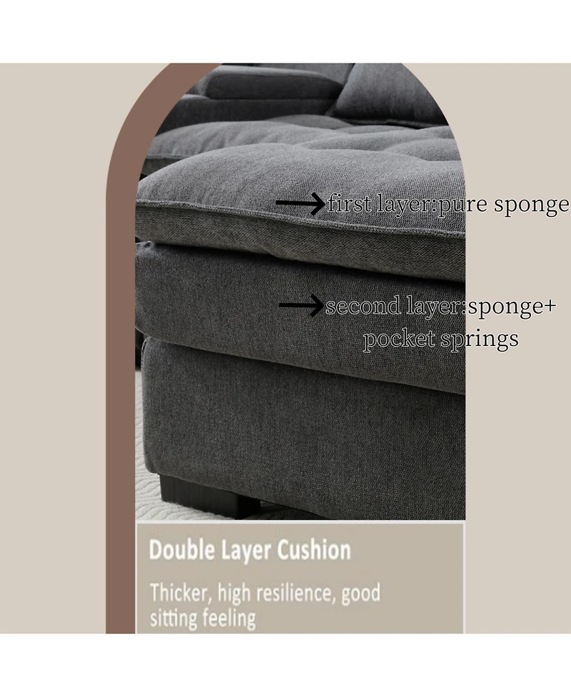 Streamdale Furniture 130" U-Shaped Sofa with Console, Cupholders, Sleeper Couch, Chaise (Grey)