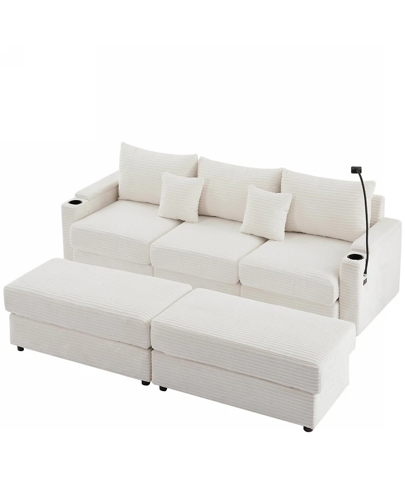 Streamdale Furniture Modern 3-Seater Sofa w/ Storage, Ottomans, Usb & Cup Holders – Beige