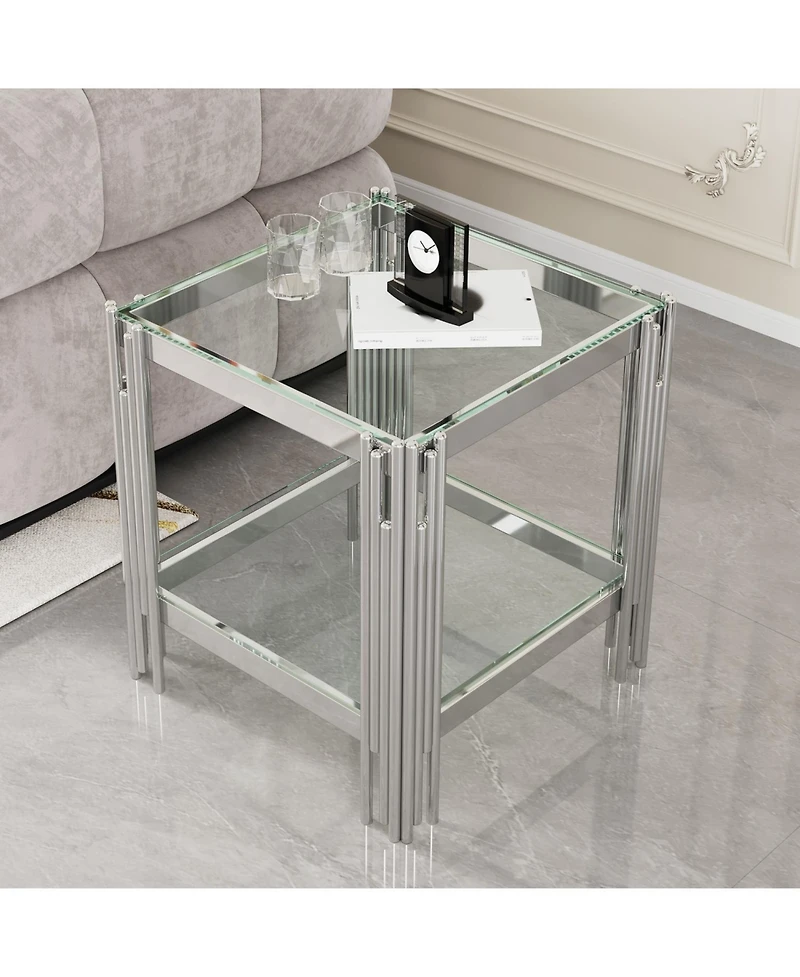 Streamdale Furniture Modern Tempered Glass Top End table with Silver Stainless Steel Frame