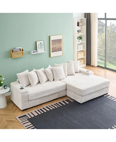 Streamdale Furniture Beige Corduroy Sofa w/ Cupholders, Lockers, Reversible Chaise