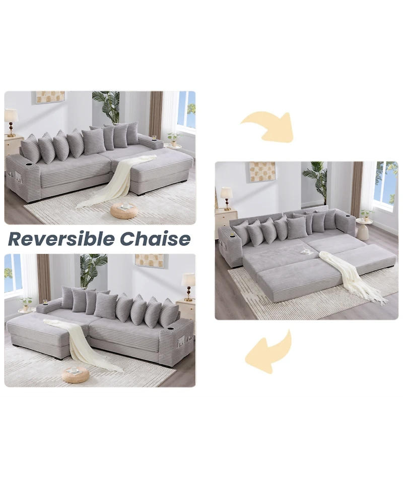 Streamdale Furniture Corduroy L-Shaped Sectional Sofa w/ Ottoman, Pillows & Cup Holders - Light Gray