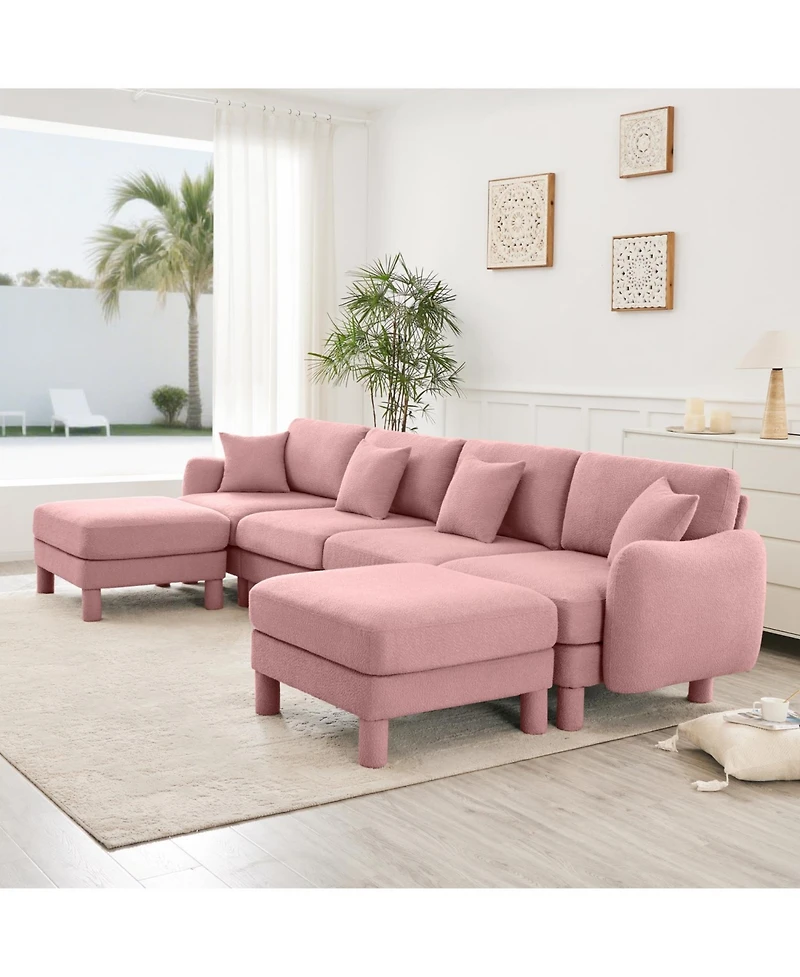 Streamdale Boucle U-Shape Sectional Sofa with Ottomans, Shell Arms, Pink
