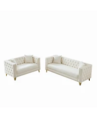 Streamdale Chesterfield Velvet Sofa, 3+2 Seater, Button Nailhead, Beige