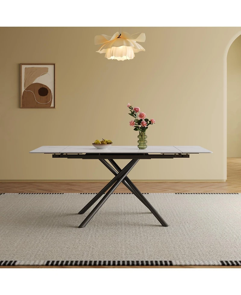 Streamdale Furniture Retractable Sintered Stone Dining Table, Black Legs, 83", 6-8 Seats.