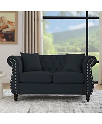 Streamdale Furniture Black Velvet Chesterfield Sofa, 2 Seater, Tufted, Rolled Arms, Nailhead, 2 Pillows
