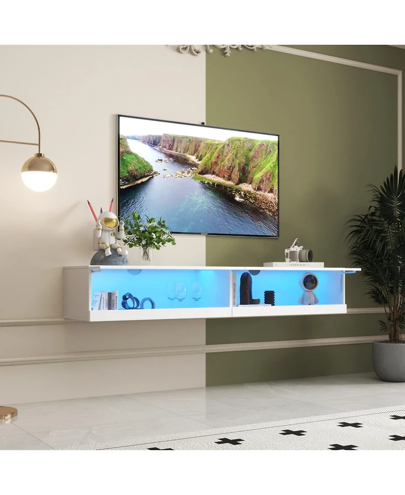 Streamdale Furniture 180 Wall Mounted Floating 80" Tv Stand with 20 Color LEDs and Charging Station