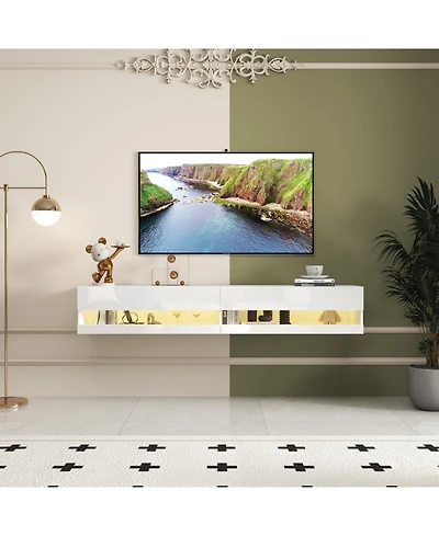 Streamdale Furniture 180 Wall Mounted Floating 80" Tv Stand with 20 Color LEDs and Charging Station