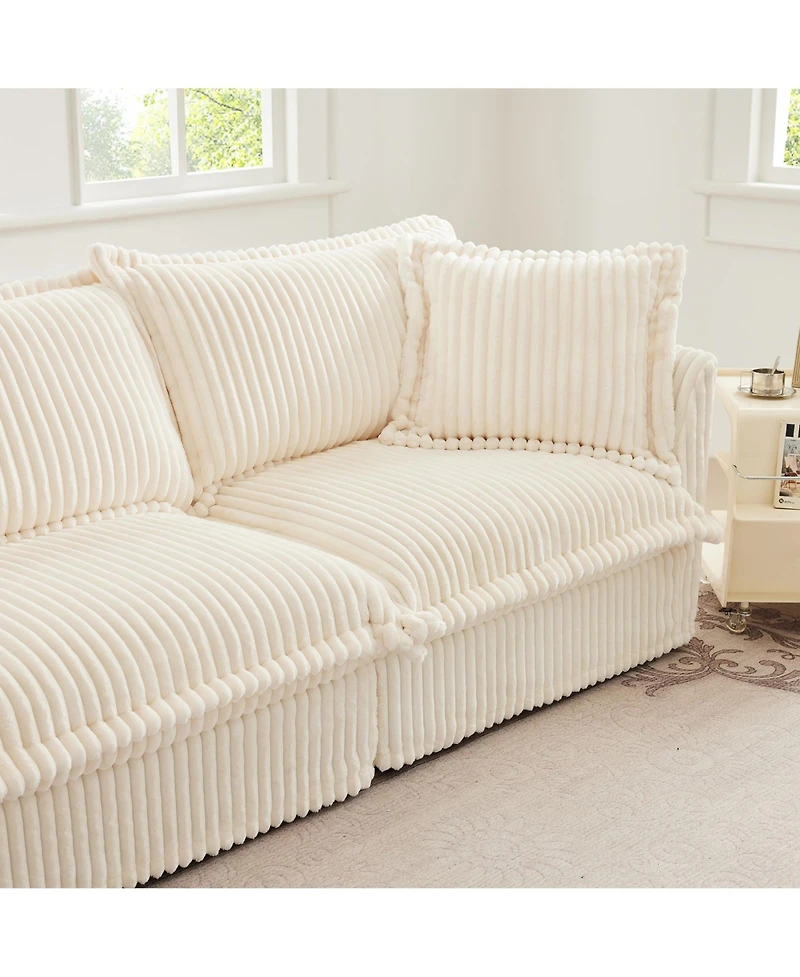 Streamdale Furniture Slipcovered Sectional 2-Seater with Convertible Ottoman and Soft Pillows, Corduroy Fabric, Cream