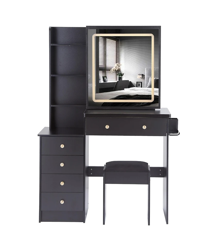 Streamdale Furniture Vanity Table Set with Sliding Mirror, 2 Ac+2 Usb, Hair Dryer Stand