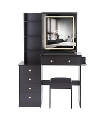 Streamdale Furniture Vanity Table Set with Sliding Mirror, 2 Ac+2 Usb, Hair Dryer Stand