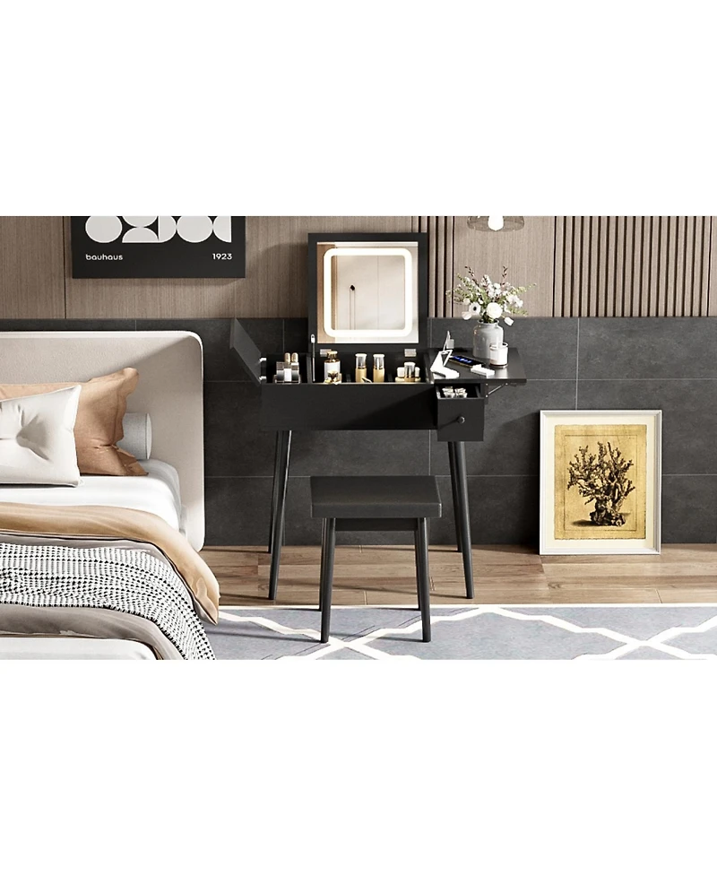 Streamdale Furniture 28" Black Vanity Desk with Flip-Top Mirror, Led Light, Charging Station, Drawers, and Stool