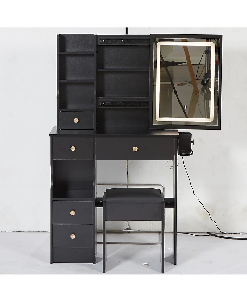 Streamdale Furniture Vanity Table with Power Station, Led Mirror, & Cushioned Stool