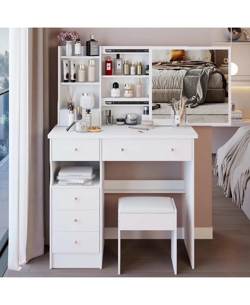 Streamdale Furniture 37" Vanity Table with Mirror Stool & Storage