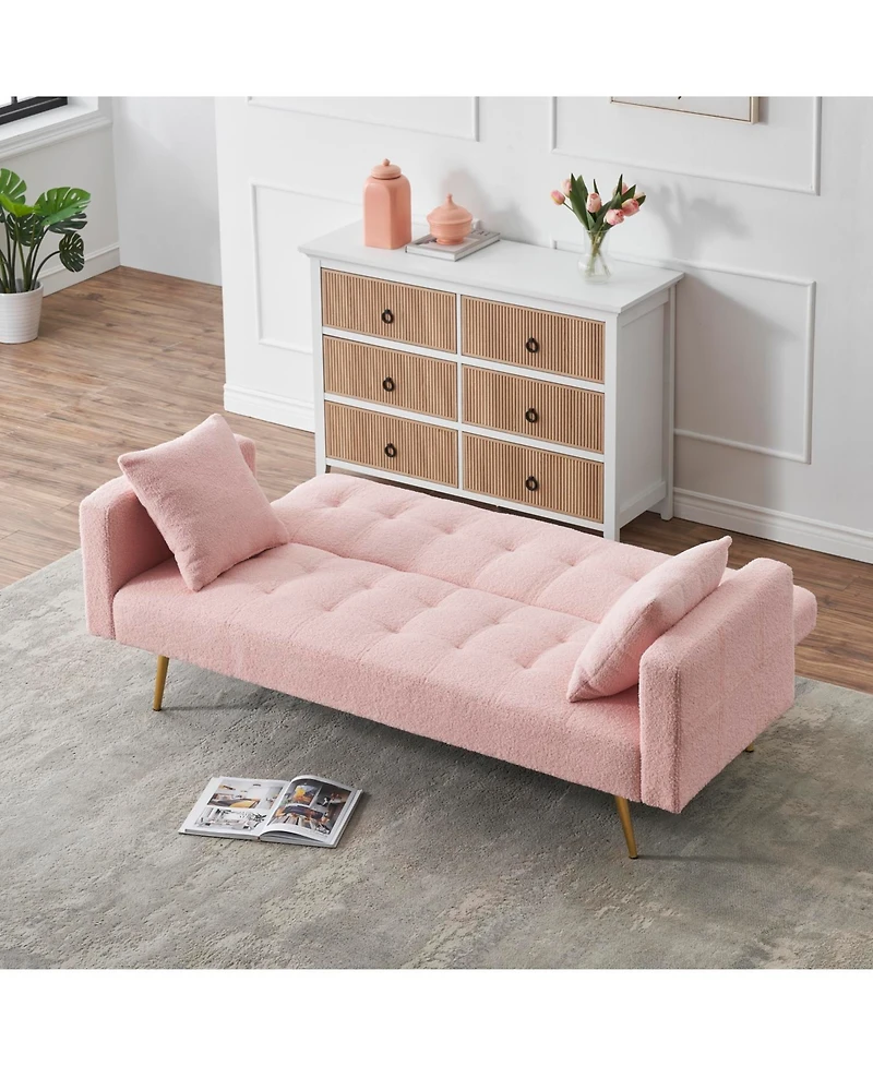 Streamdale Furniture 71.7 - inch Pink Teddy Fleece Sofa Bed with Two Complimentary Throw Pillows